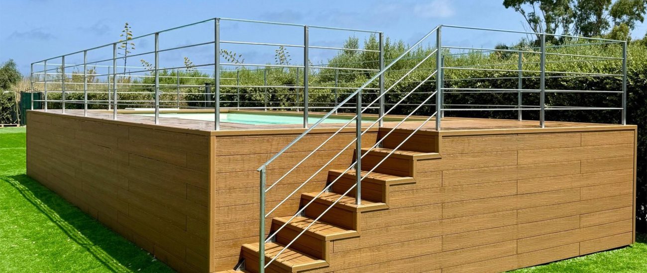 Ringhiera in ferro zincato per area piscina con decking